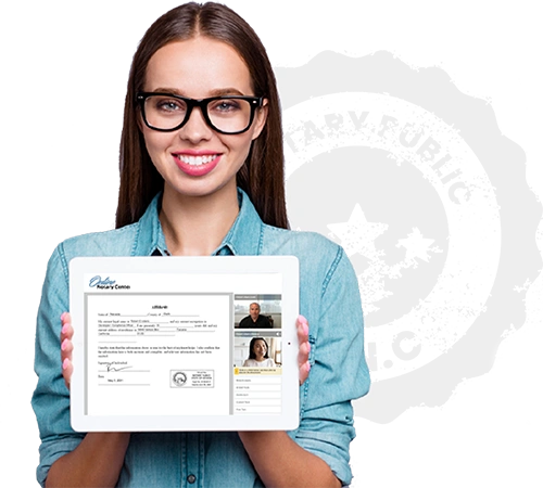 Online Notary Center model holding an ipad